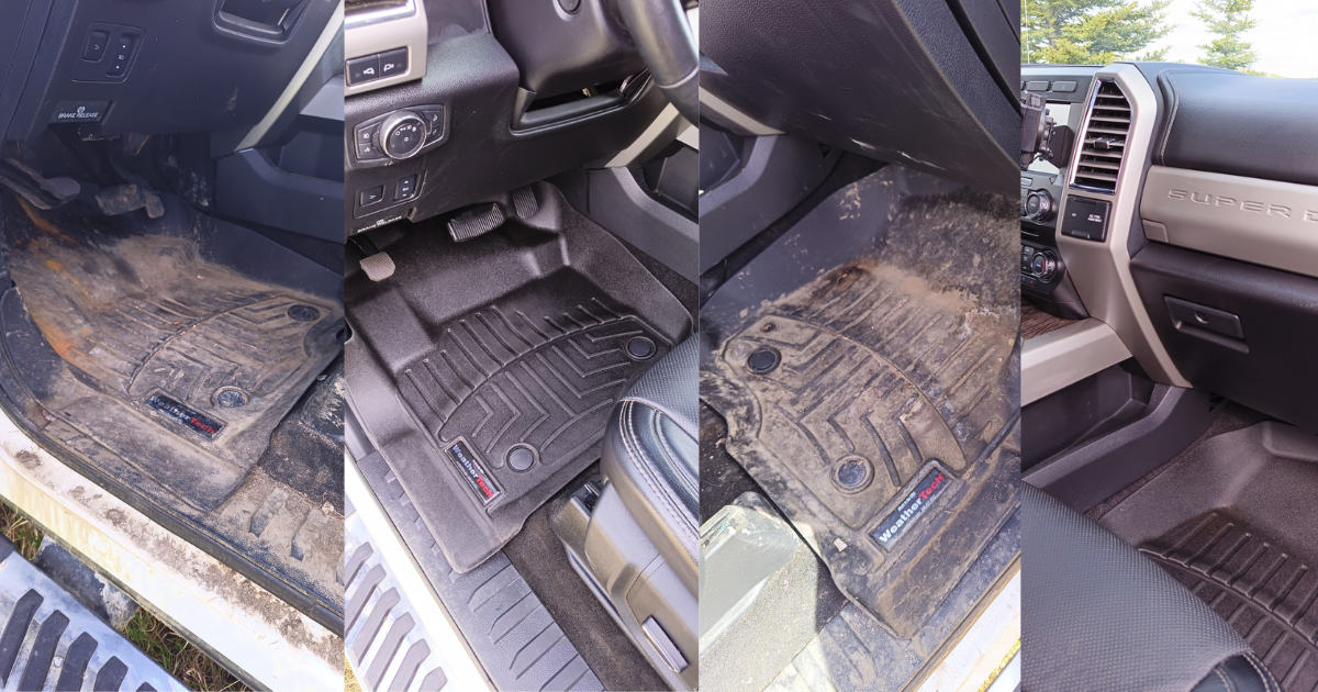 Before and after comparison showing dirty truck floor mats professionally cleaned and restored by Mars Auto Detailing.