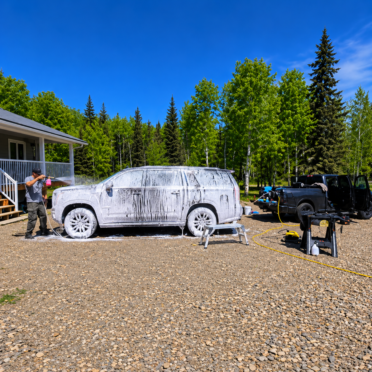 Mars Auto Detailing performing a foam cannon wash on a large SUV at a residential property in Dawson Creek, BC.
